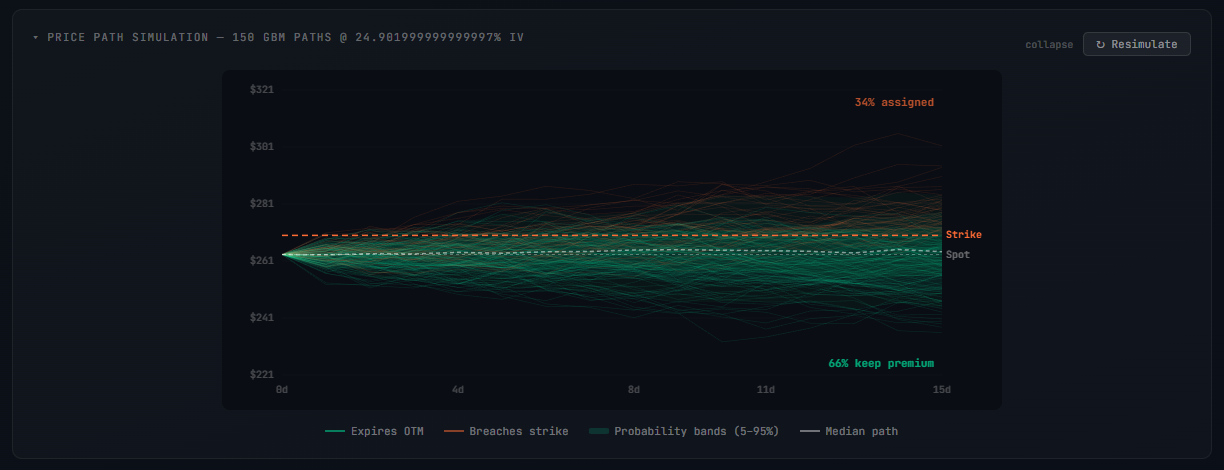 Monte Carlo simulation for options — thousands of price paths