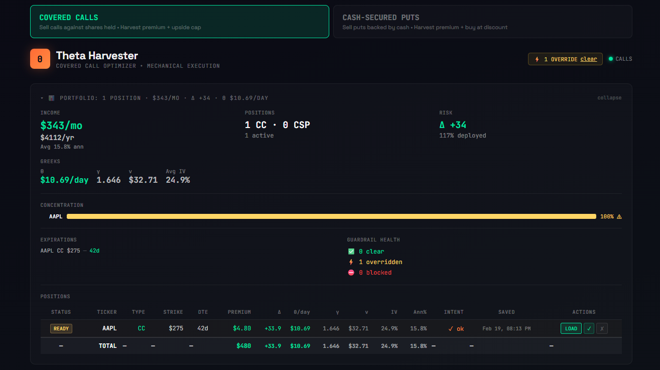 Portfolio summary showing aggregate Greeks across options positions