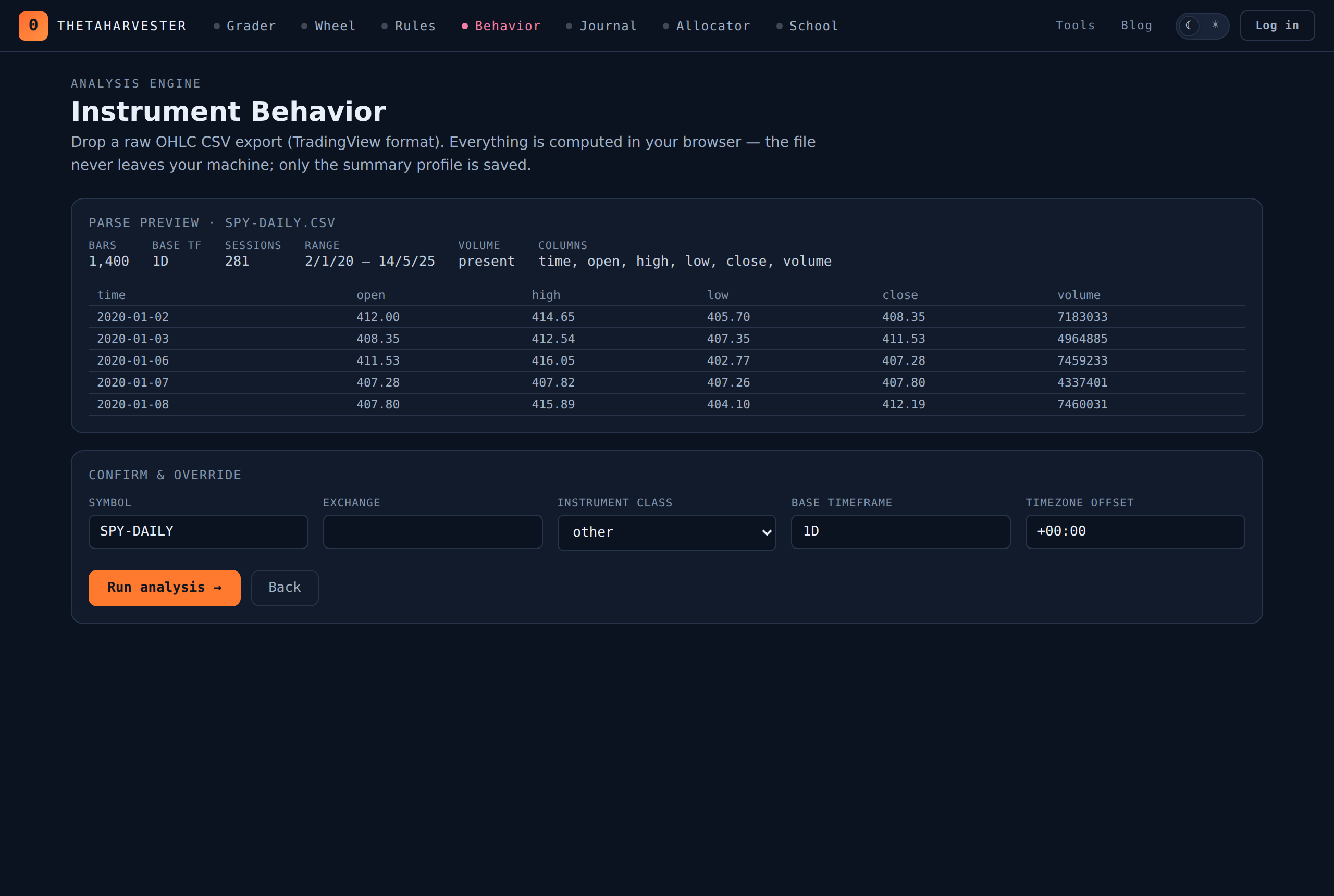 CSV upload and column-detection preview before computing the profile